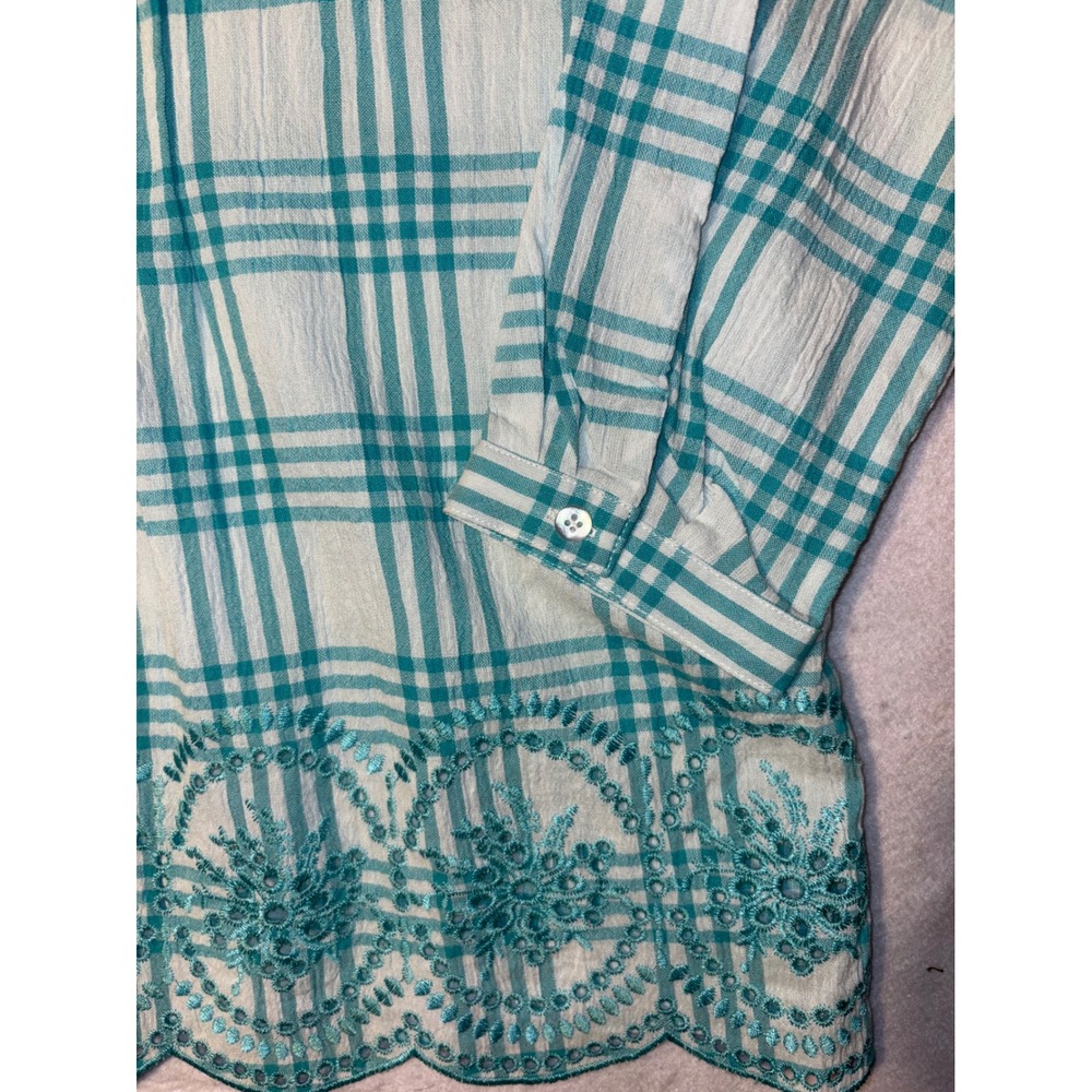 Tog Shop Plaid Tunic Shirt Embroidered Hem Women's L Teal White - Picture 5 of 7